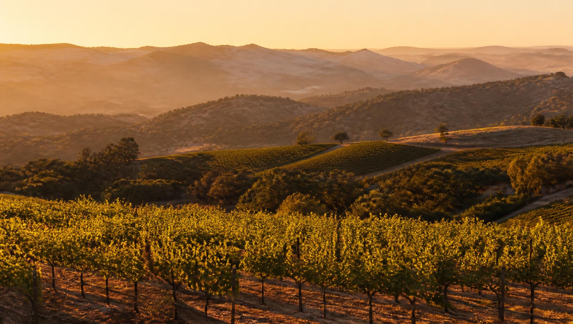 Vineyard rows across the Napa Valley at golden hour